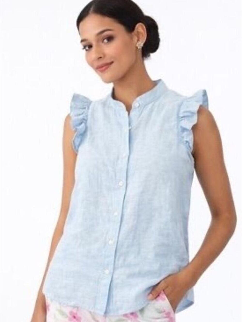 Lilly Pulitzer Light Blue Linen Ruffle Sleeve Button Front Top XL